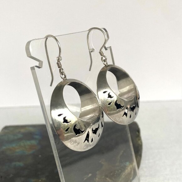 Sterling Silver 925 Chunky Round Cut Out Pierced Dangle Crescent Hoop Earrings - Picture 6 of 16